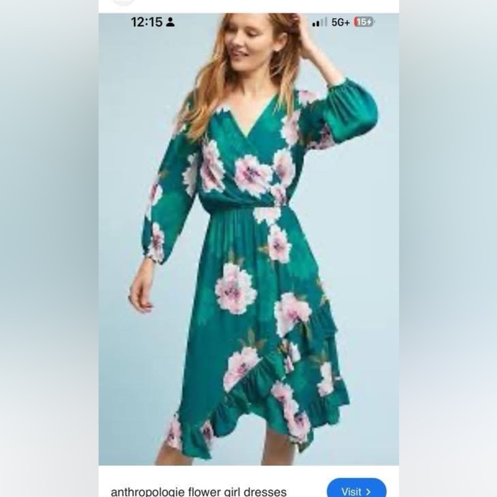 Anthropologie Tracy Reese Teal Dress with Pink Floral Design S